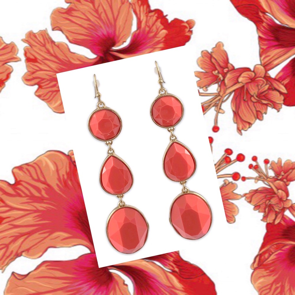 New Coral & Gold Jewel Dangle Statement Earrings